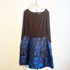 Black and Cobalt Blue Floral Brocade Detail Dress, Perfect Condition, Never Worn